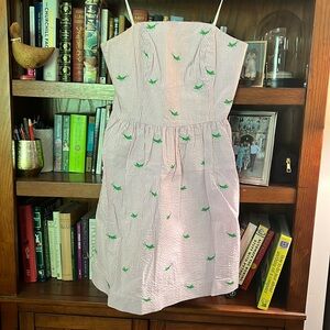 Lilly Pulitzer - pink seersucker strapless dress with grasshoppers embroidered